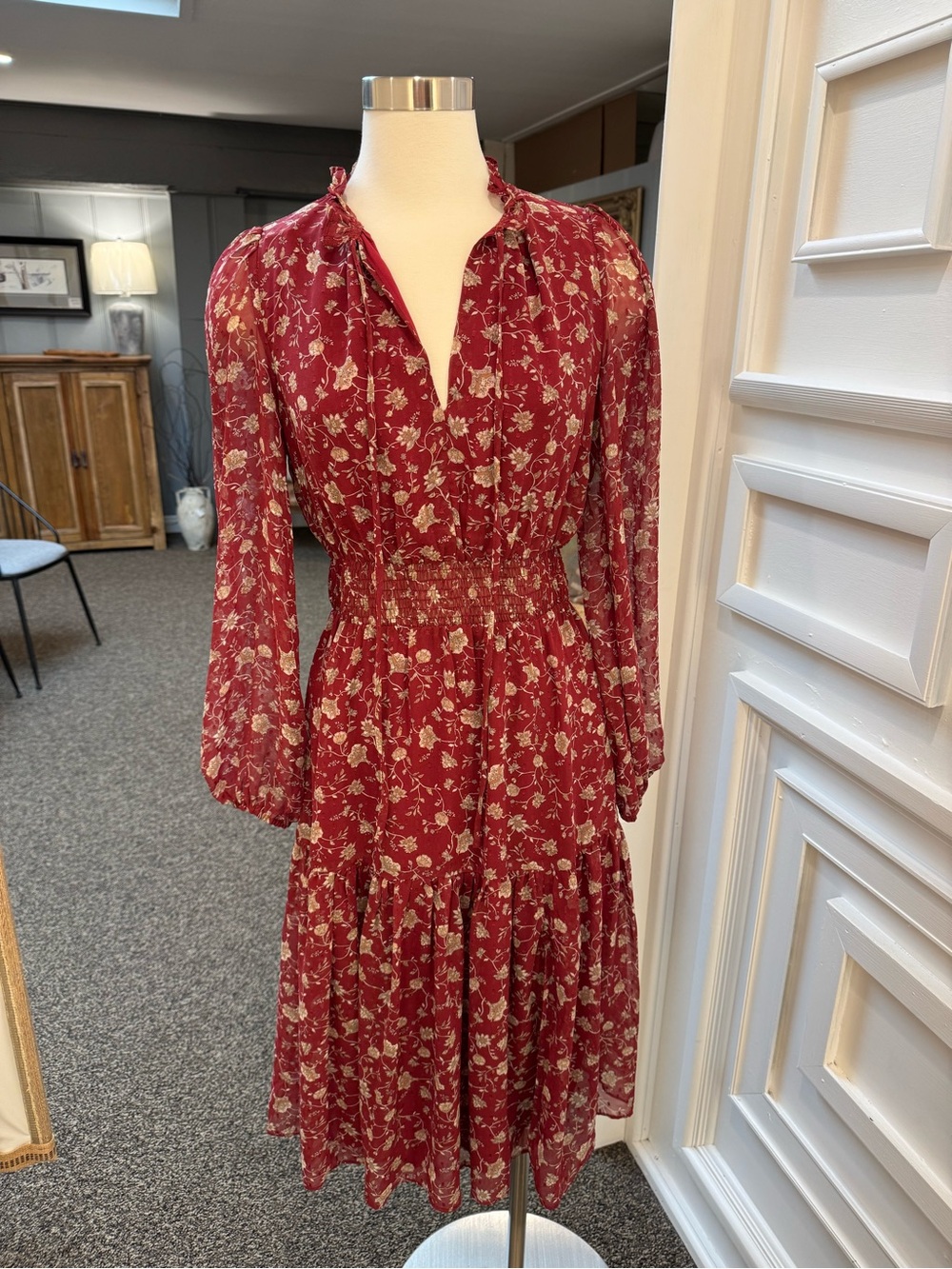 Lucy Paris Red Floral Long-Sleeve Tiered Midi Dress